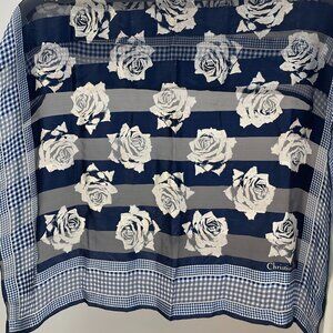 Christian Dior Vintage Floral Silk Scarf in White and Navy - Preowned